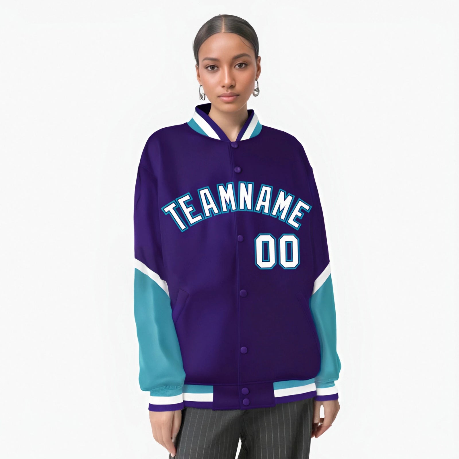 Custom Purple Aqua-White Varsity Full-Snap Color Block Letterman Jacket
