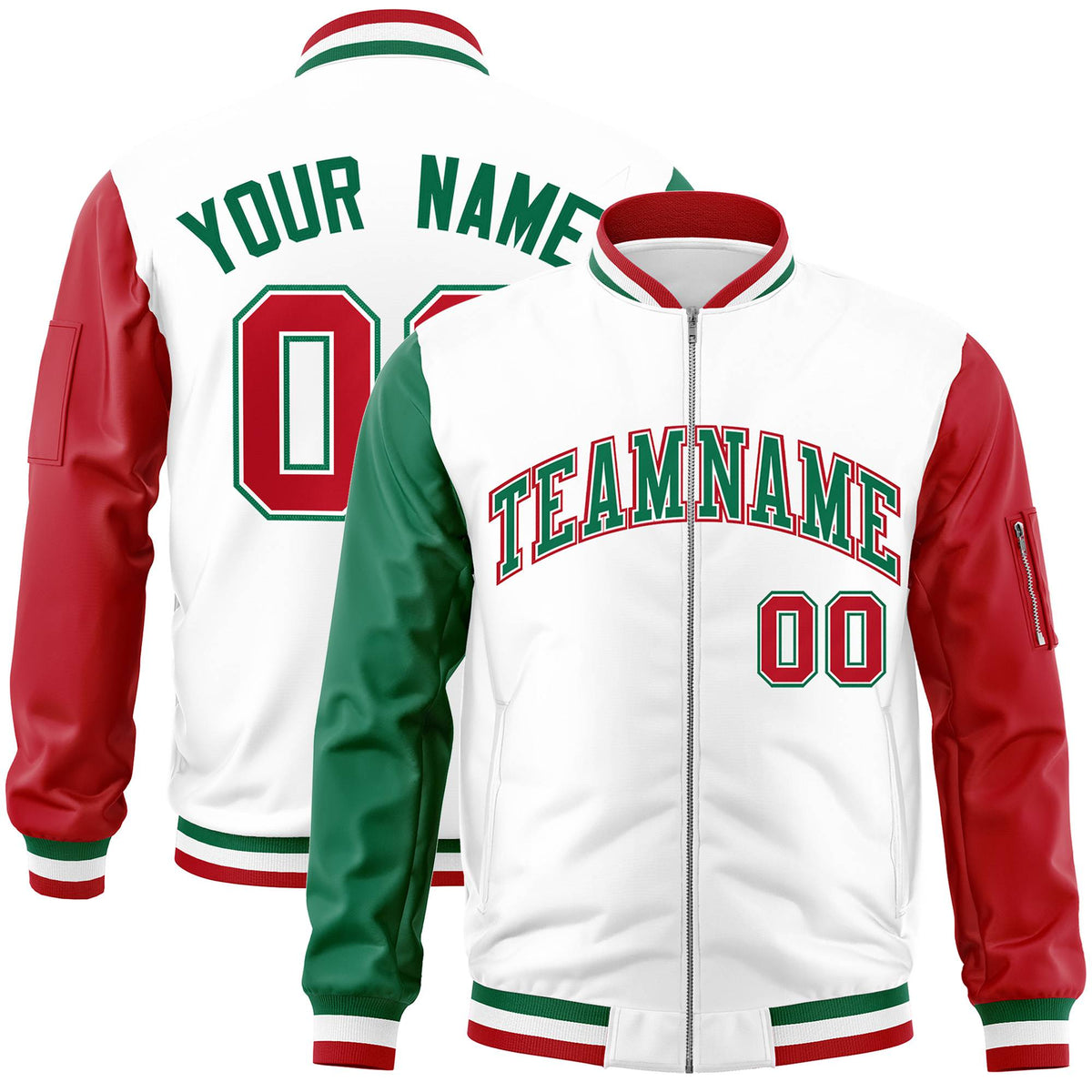 Custom White Red-Green Varsity Full-Zip Raglan Sleeves Letterman Bomber Jacket