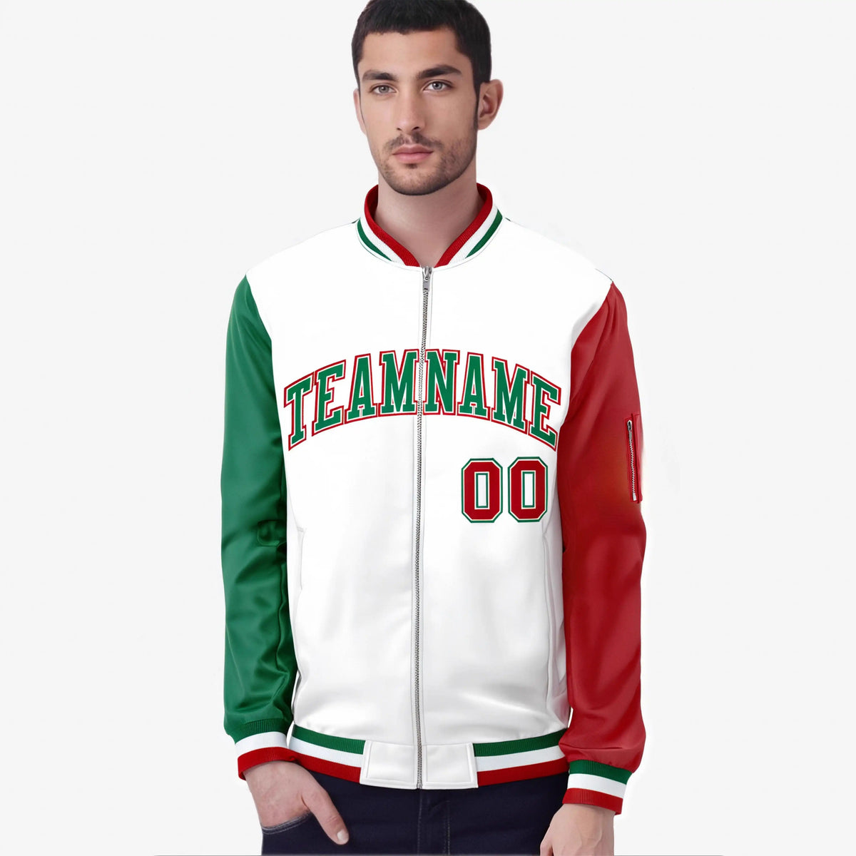 Custom White Red-Green Varsity Full-Zip Raglan Sleeves Letterman Bomber Jacket