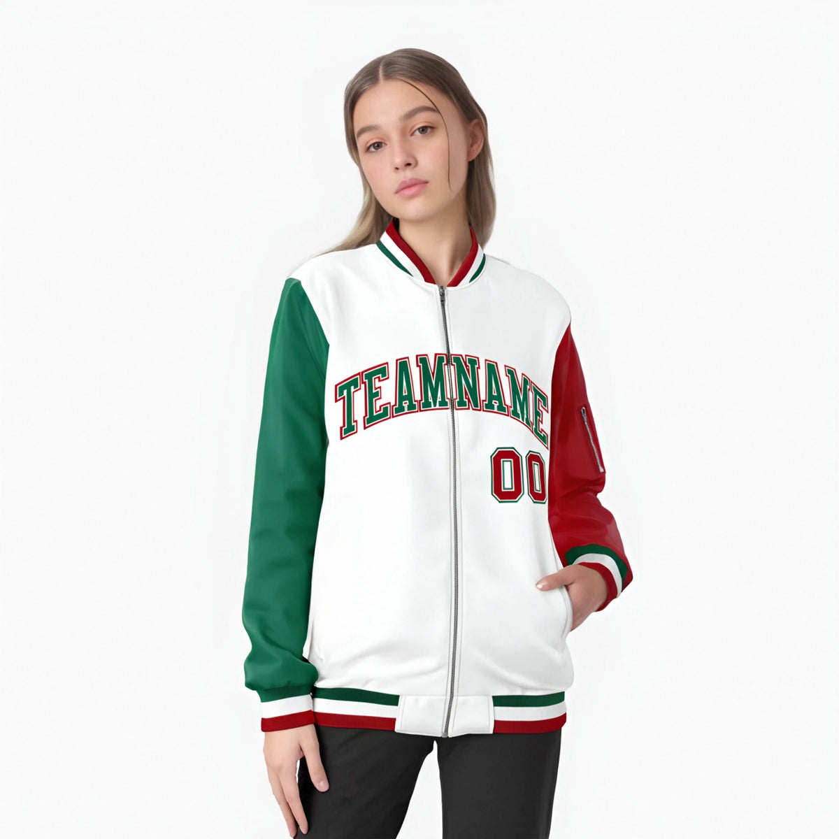 Custom White Red-Green Varsity Full-Zip Raglan Sleeves Letterman Bomber Jacket