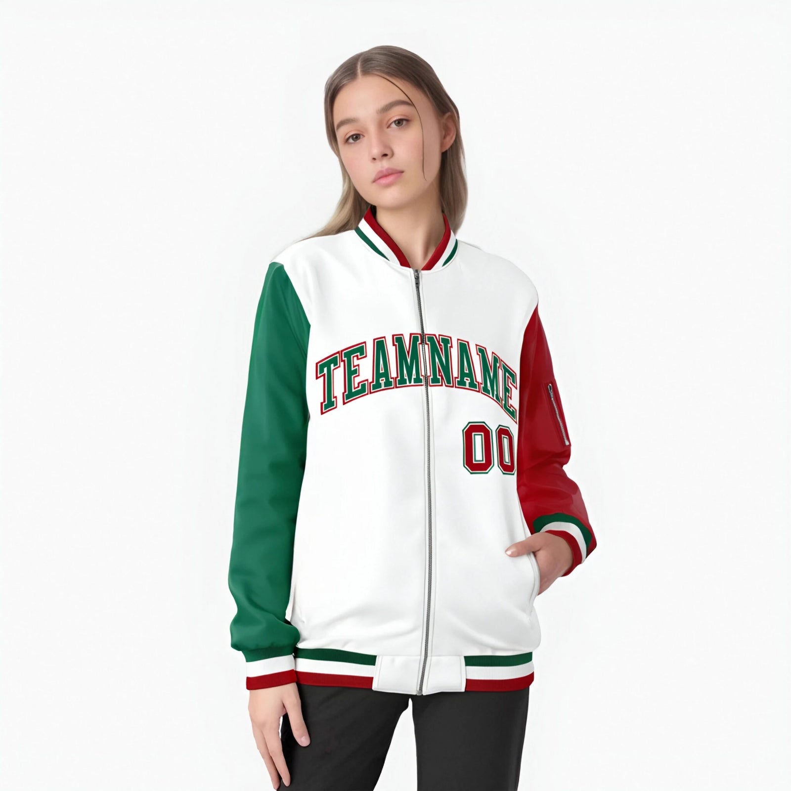 Custom White Red-Green Varsity Full-Zip Raglan Sleeves Letterman Bomber Jacket
