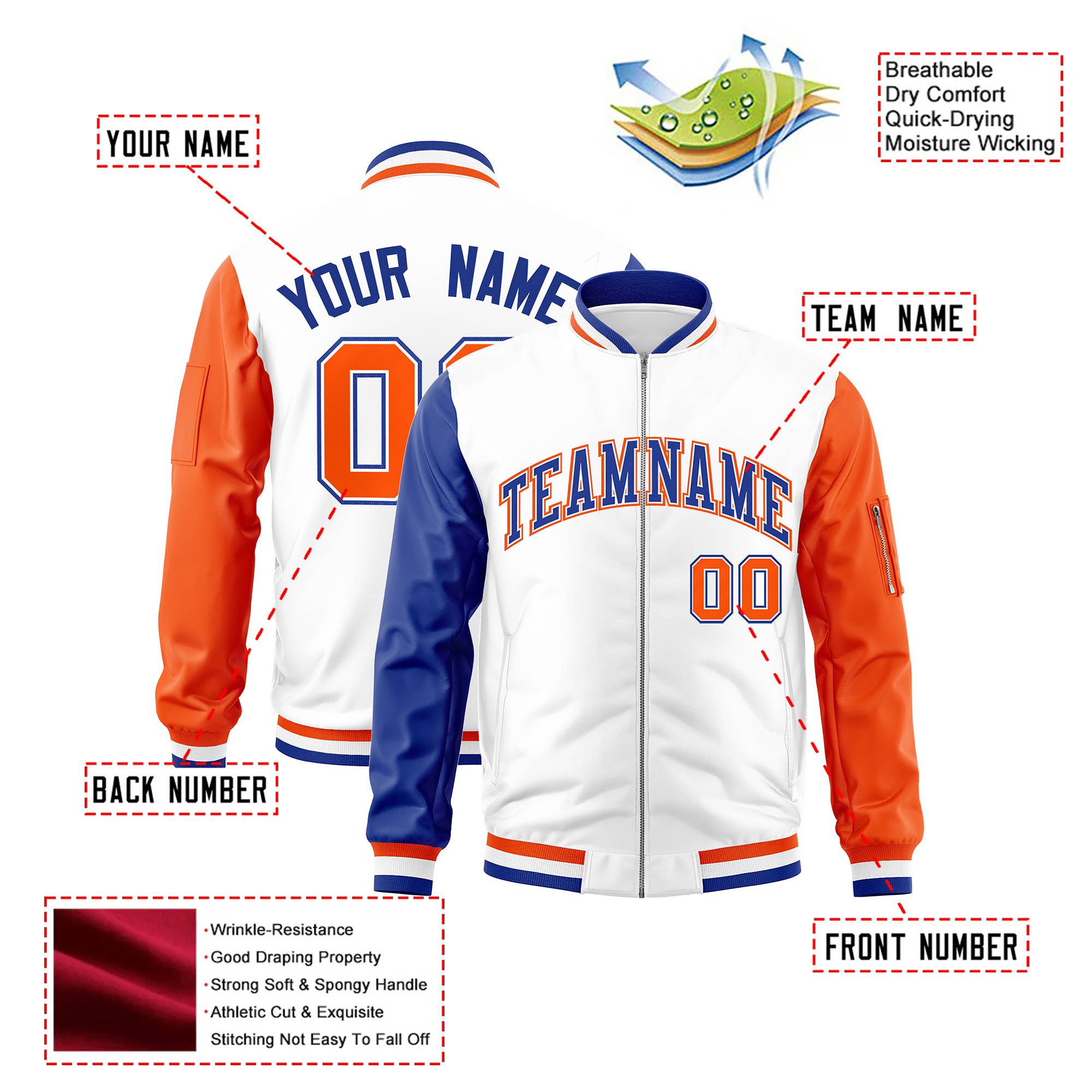 Custom White Orange-Royal Blue Varsity Full-Zip Raglan Sleeves Letterman Bomber Jacket