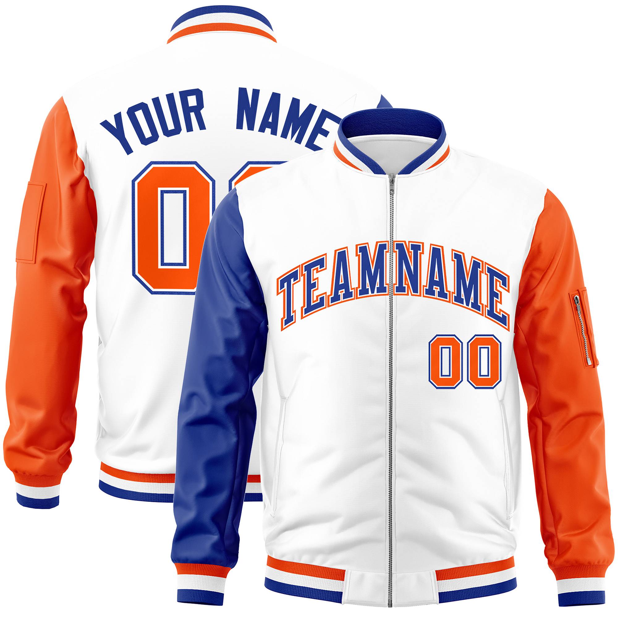 Custom White Orange-Royal Blue Varsity Full-Zip Raglan Sleeves Letterman Bomber Jacket