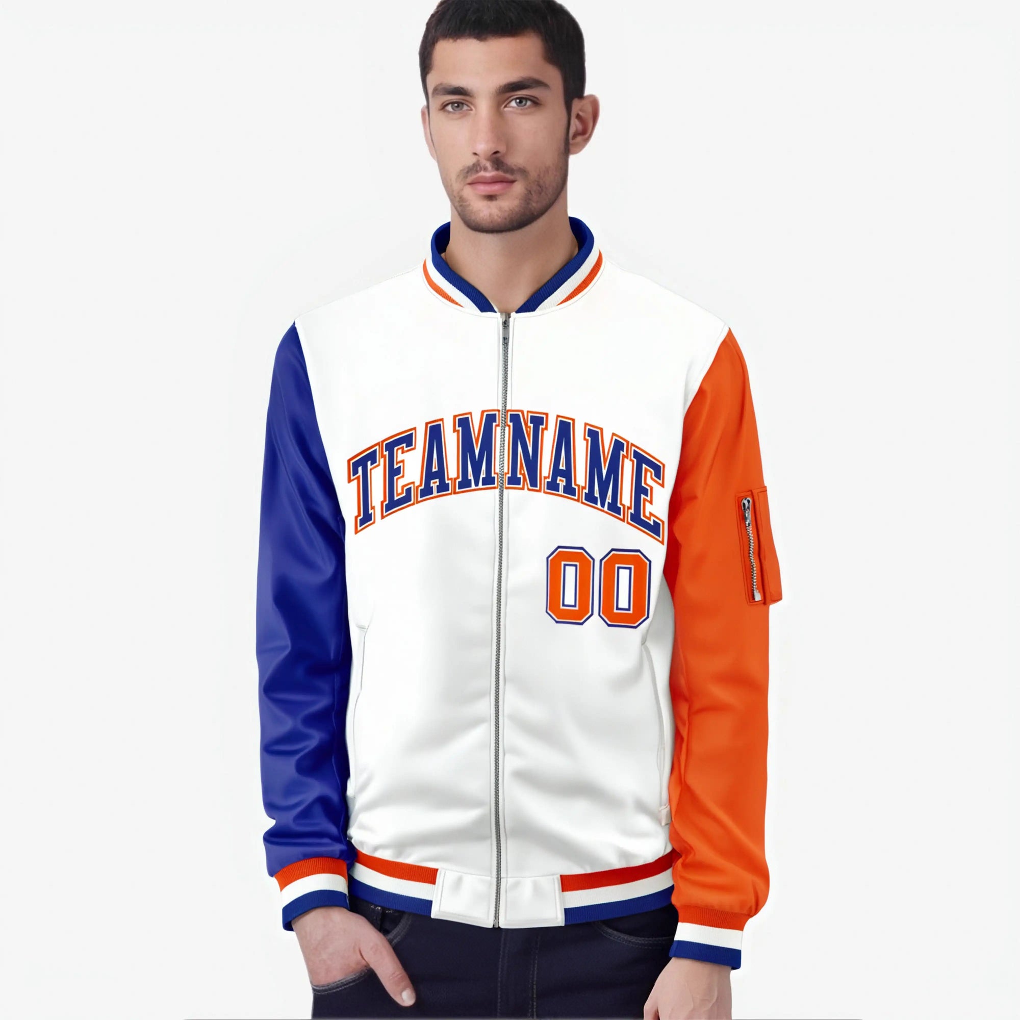 Custom White Orange-Royal Blue Varsity Full-Zip Raglan Sleeves Letterman Bomber Jacket