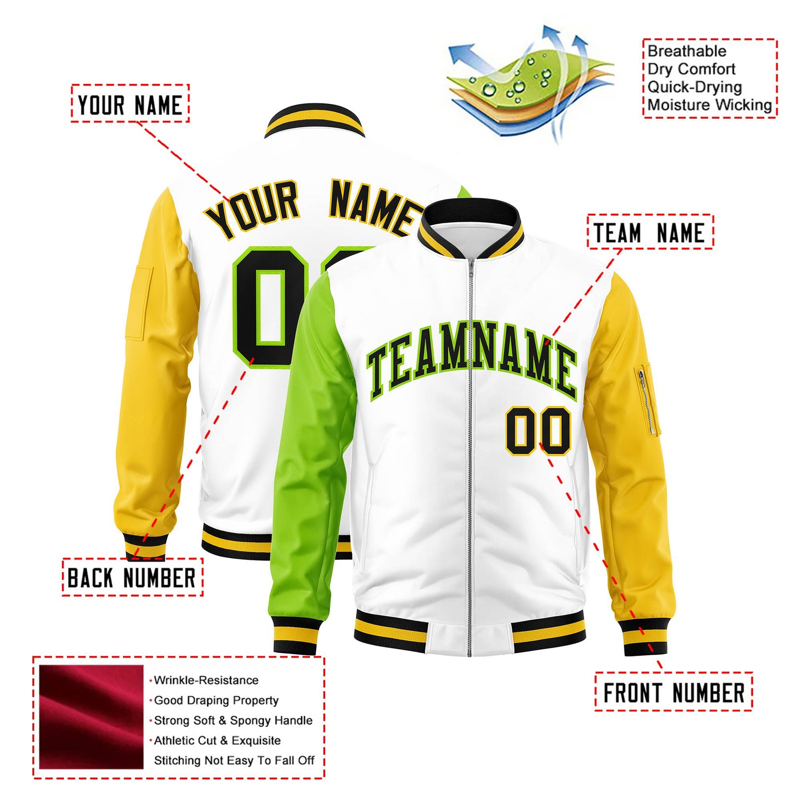 Custom White Gold-Neon Green Varsity Full-Zip Raglan Sleeves Letterman Bomber Jacket
