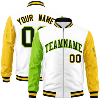 Custom White Gold-Neon Green Varsity Full-Zip Raglan Sleeves Letterman Bomber Jacket - Style 1