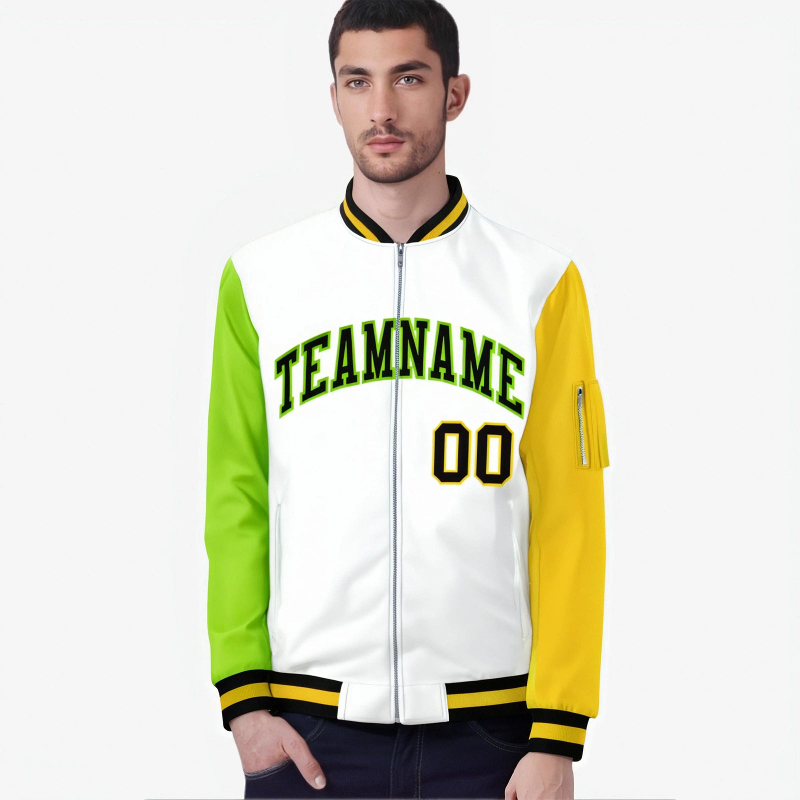 Custom White Gold-Neon Green Varsity Full-Zip Raglan Sleeves Letterman Bomber Jacket