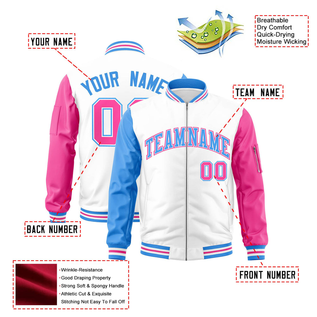 Custom White Pink-Powder Blue Varsity Full-Zip Raglan Sleeves Letterman Bomber Jacket