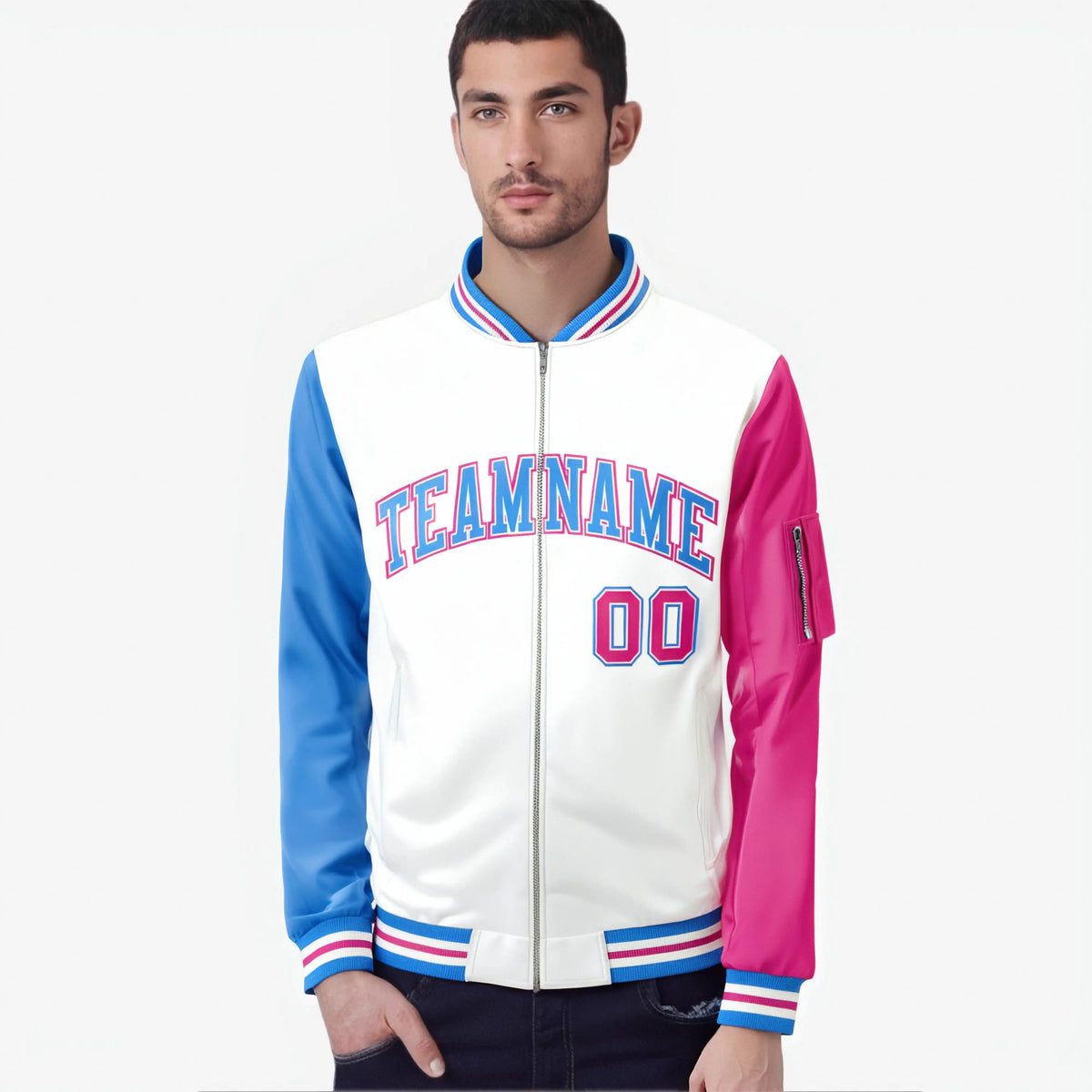 Custom White Pink-Powder Blue Varsity Full-Zip Raglan Sleeves Letterman Bomber Jacket