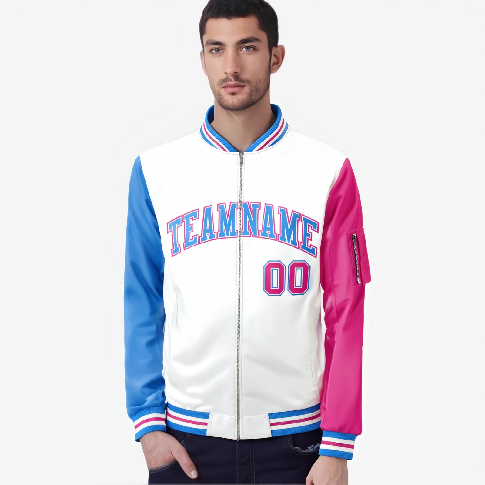 Custom White Pink-Powder Blue Varsity Full-Zip Raglan Sleeves Letterman Bomber Jacket