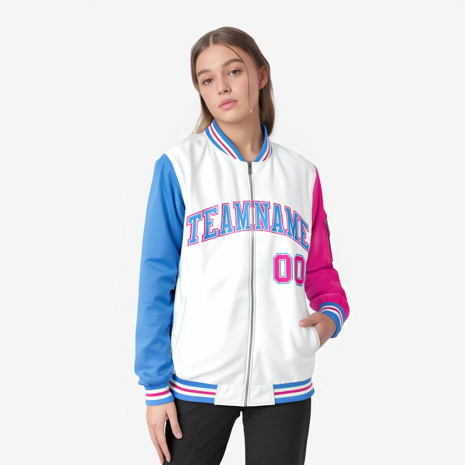 Custom White Pink-Powder Blue Varsity Full-Zip Raglan Sleeves Letterman Bomber Jacket