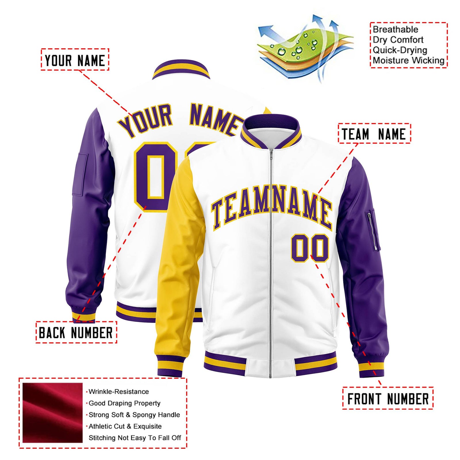 Custom White Gold-Purple Varsity Full-Zip Raglan Sleeves Letterman Bomber Jacket