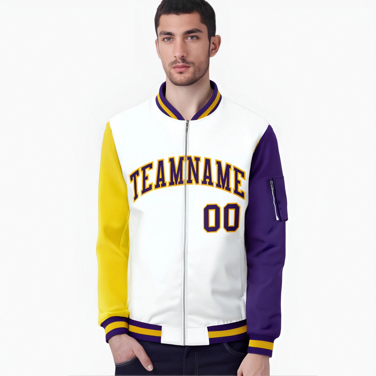 Custom White Gold-Purple Varsity Full-Zip Raglan Sleeves Letterman Bomber Jacket