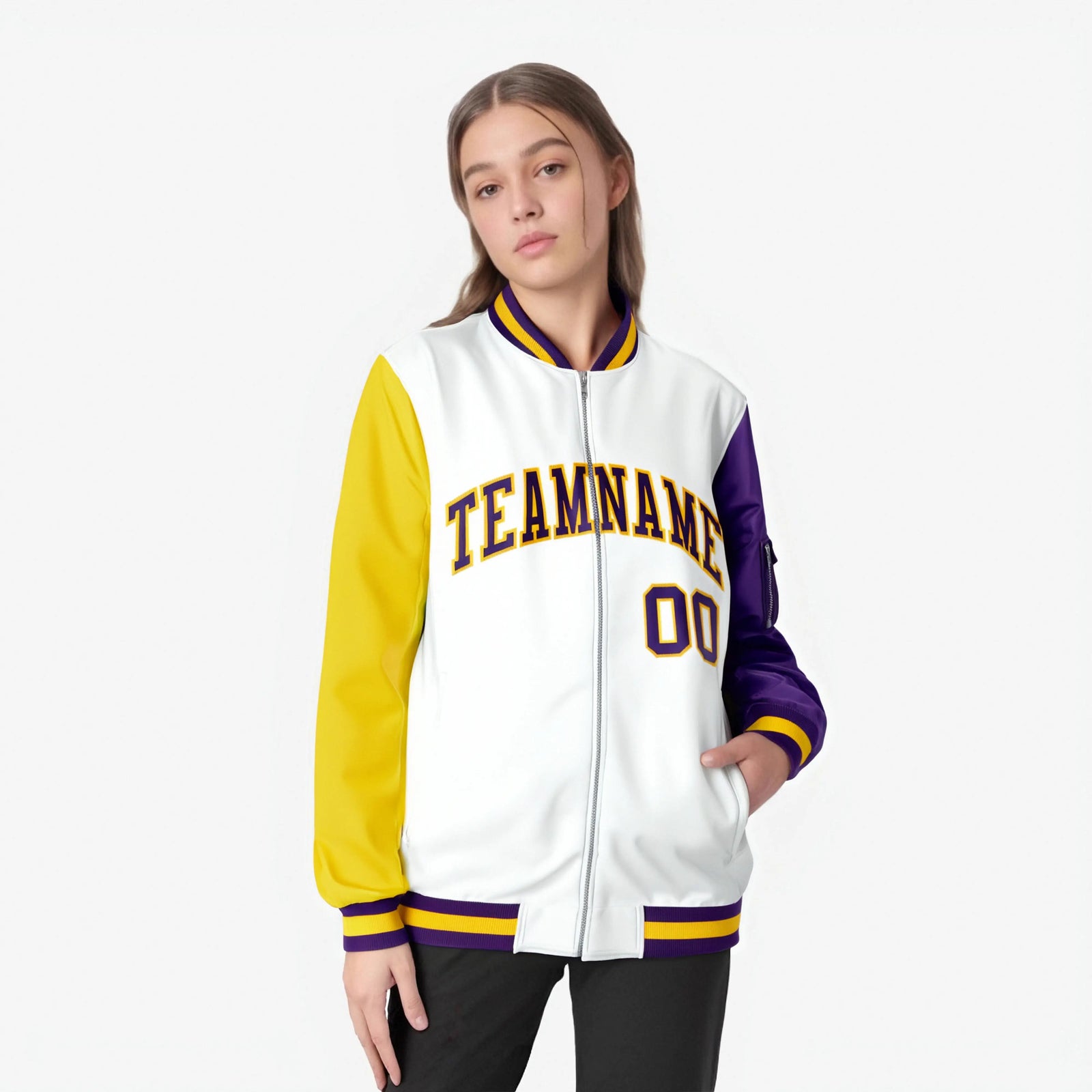 Custom White Gold-Purple Varsity Full-Zip Raglan Sleeves Letterman Bomber Jacket