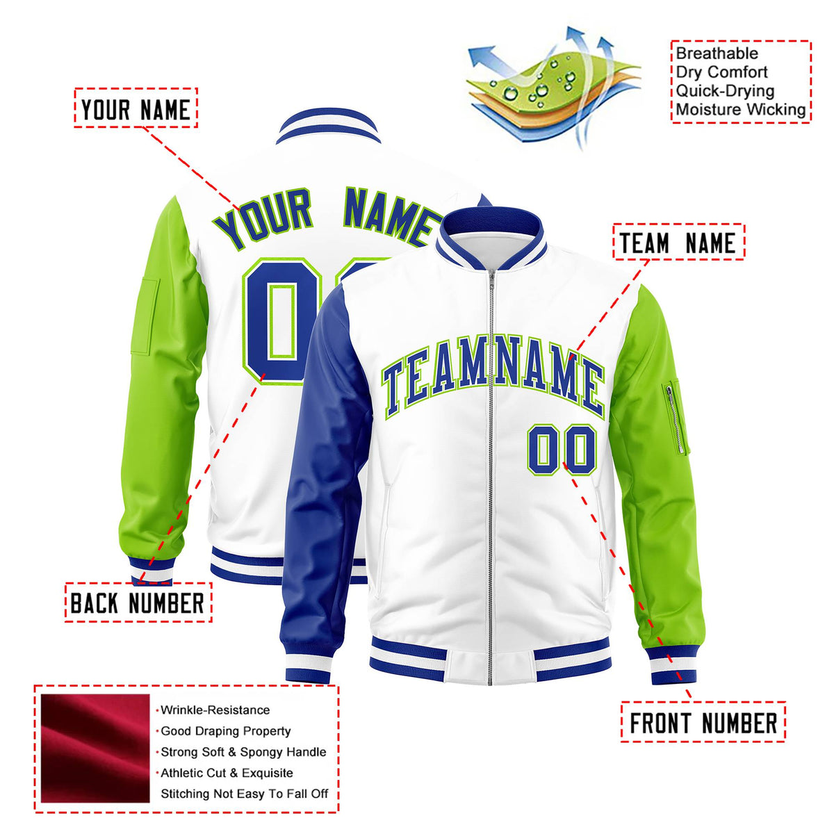 Custom White Neon Green-Royal Blue Varsity Full-Zip Raglan Sleeves Letterman Bomber Jacket