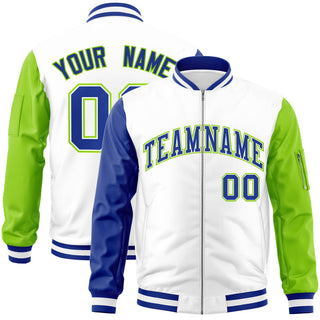 Custom White Purple Neon Green Royal Blue Varsity Full Zip Raglan Sleeves Letterman Bomber Jacket - Style 1