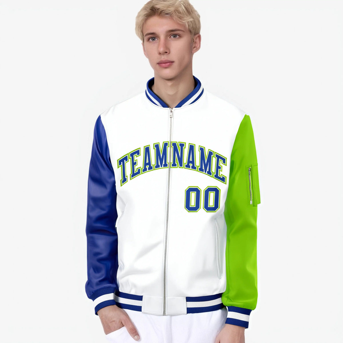 Custom White Neon Green-Royal Blue Varsity Full-Zip Raglan Sleeves Letterman Bomber Jacket
