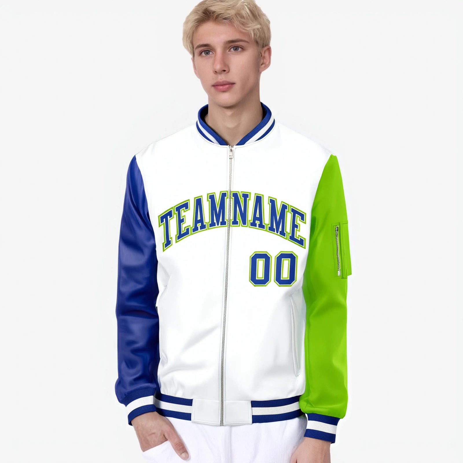 Custom White Neon Green-Royal Blue Varsity Full-Zip Raglan Sleeves Letterman Bomber Jacket