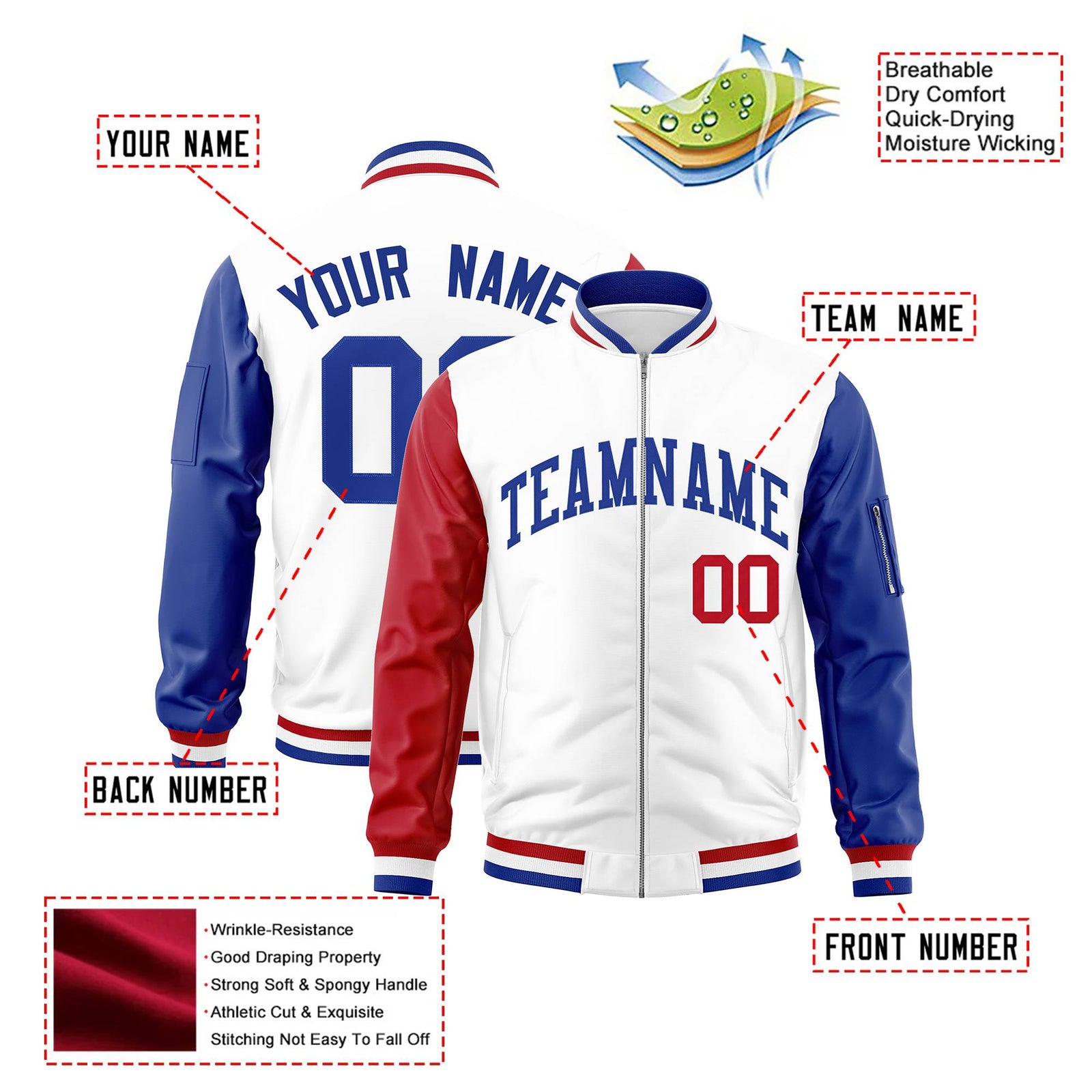 Custom White Royal Blue-Red Varsity Full-Zip Raglan Sleeves Letterman Bomber Jacket