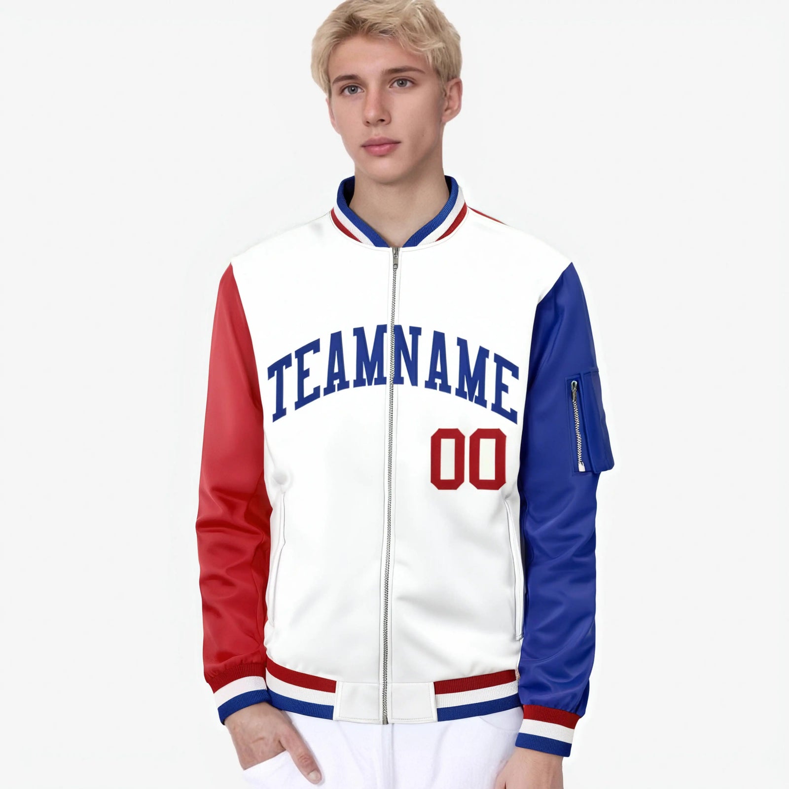 Custom White Royal Blue-Red Varsity Full-Zip Raglan Sleeves Letterman Bomber Jacket
