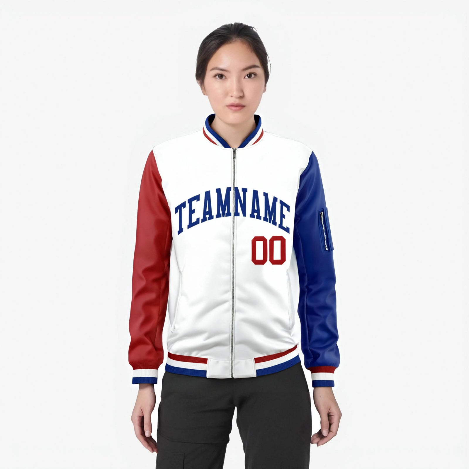 Custom White Royal Blue-Red Varsity Full-Zip Raglan Sleeves Letterman Bomber Jacket