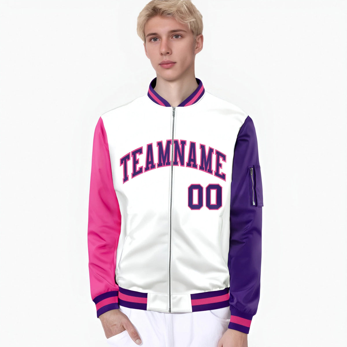 Custom White Purple-Pink Varsity Full-Zip Raglan Sleeves Letterman Bomber Jacket