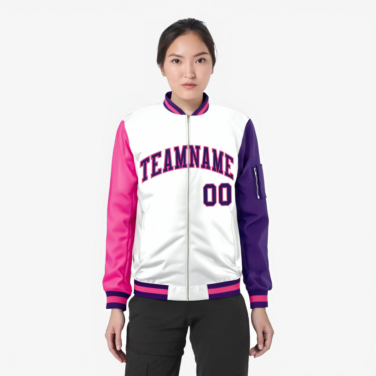 Custom White Purple-Pink Varsity Full-Zip Raglan Sleeves Letterman Bomber Jacket