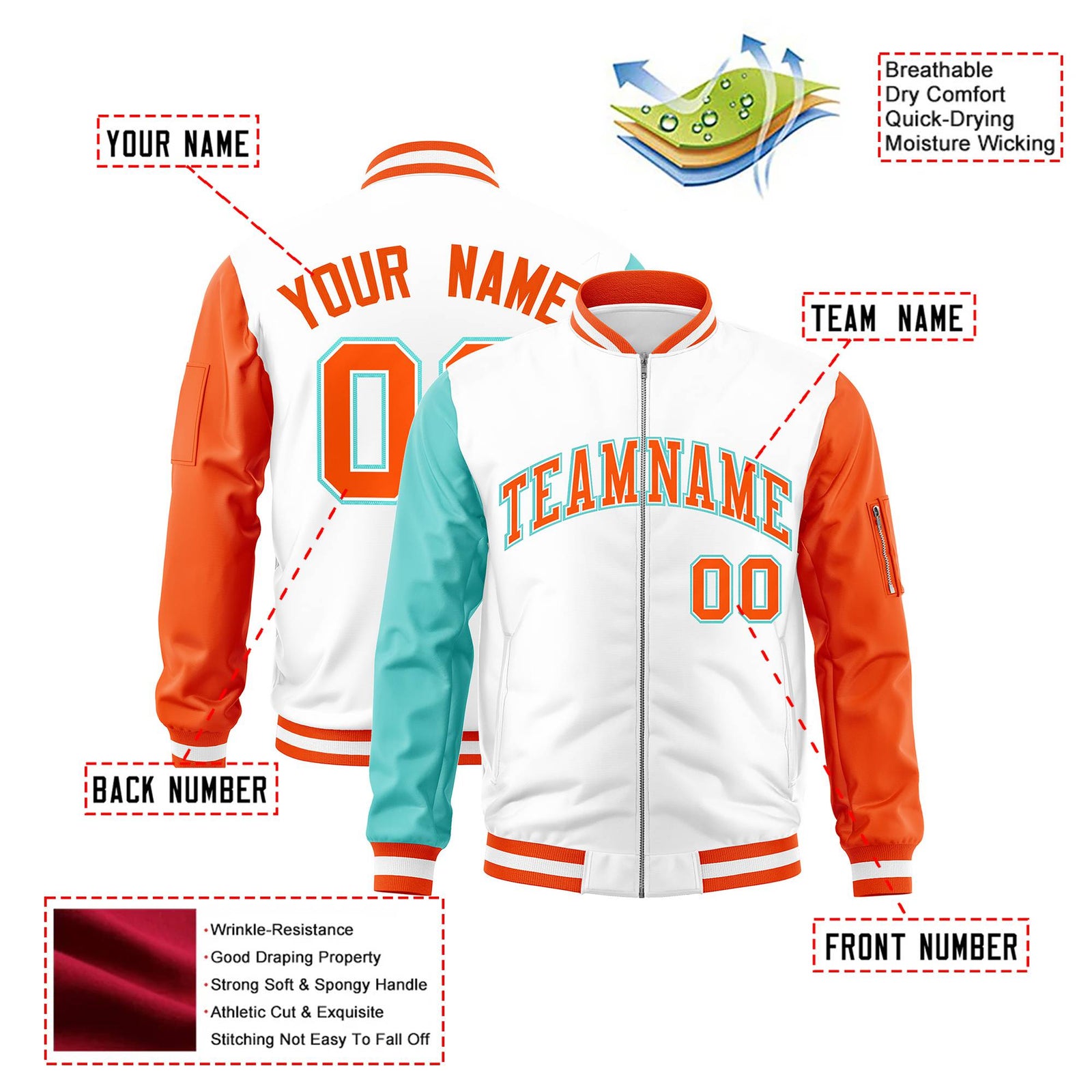 Custom White Orange-Aqua Varsity Full-Zip Raglan Sleeves Letterman Bomber Jacket