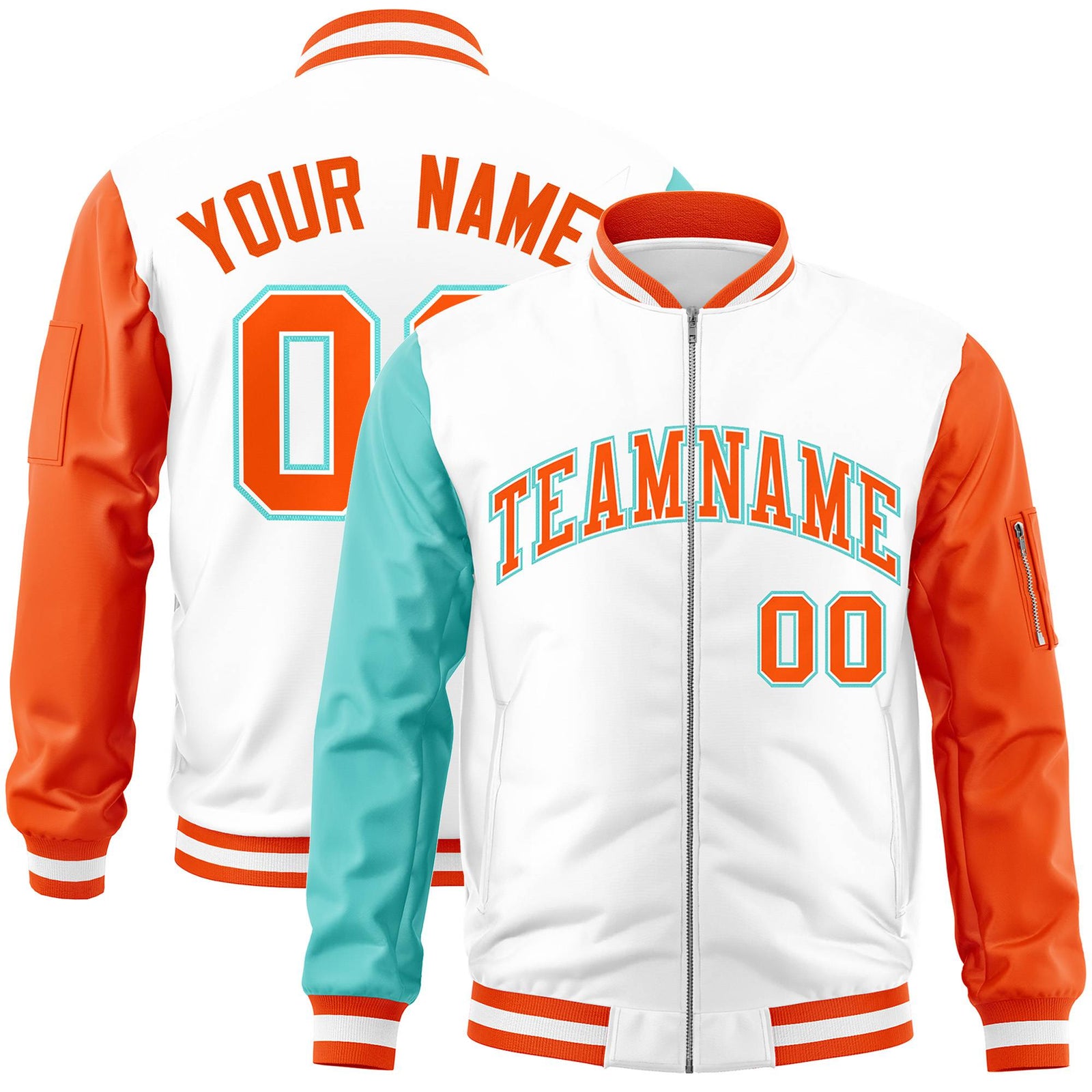 Custom White Orange-Aqua Varsity Full-Zip Raglan Sleeves Letterman Bomber Jacket