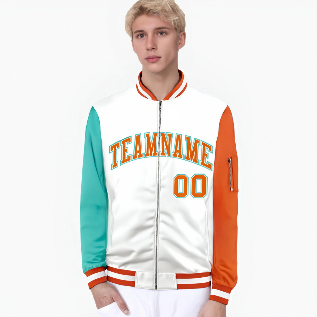 Custom White Orange-Aqua Varsity Full-Zip Raglan Sleeves Letterman Bomber Jacket