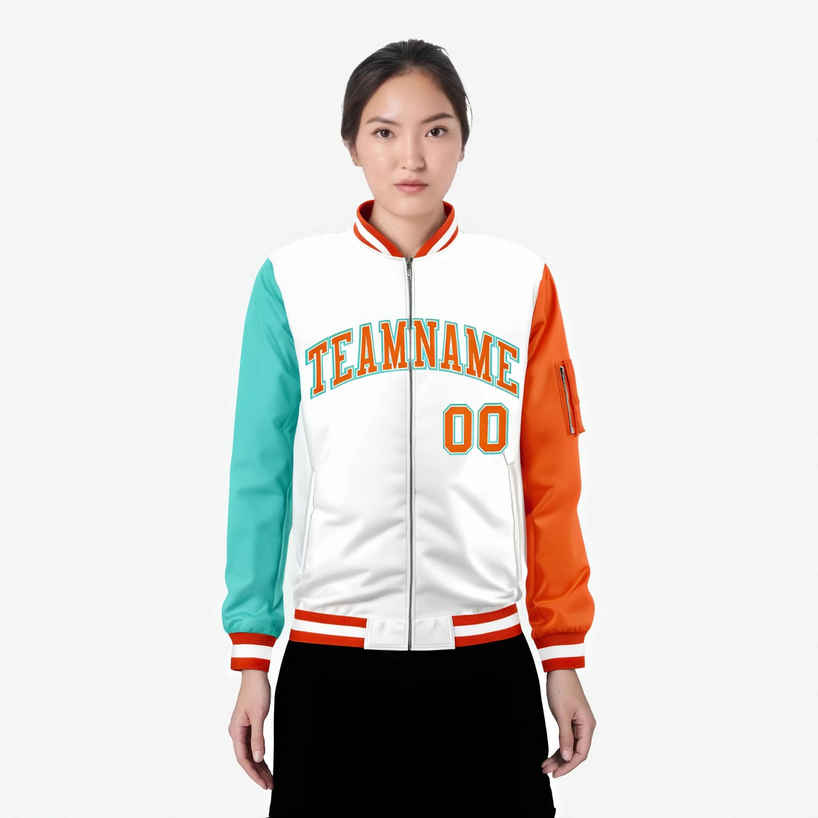 Custom White Orange-Aqua Varsity Full-Zip Raglan Sleeves Letterman Bomber Jacket