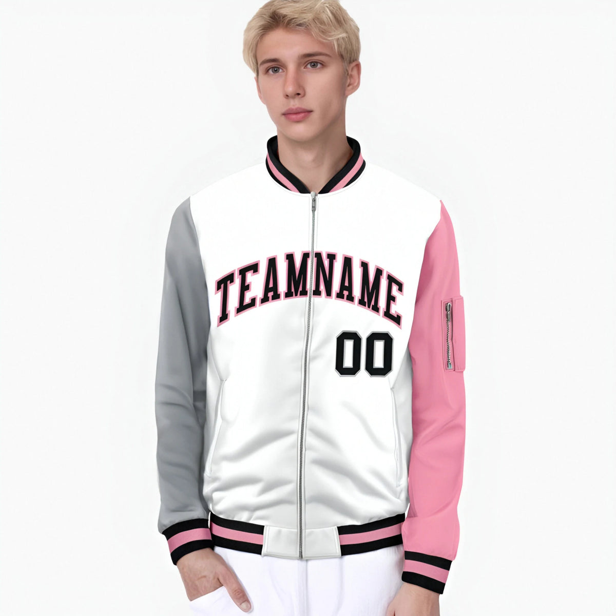 Custom White Light Pink-Gray Varsity Full-Zip Raglan Sleeves Letterman Bomber Jacket