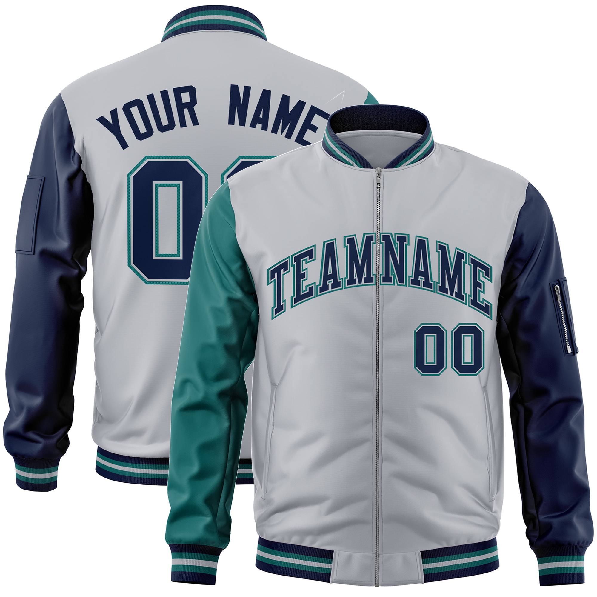 Custom White Navy-Aqua Varsity Full-Zip Raglan Sleeves Letterman Bomber Jacket