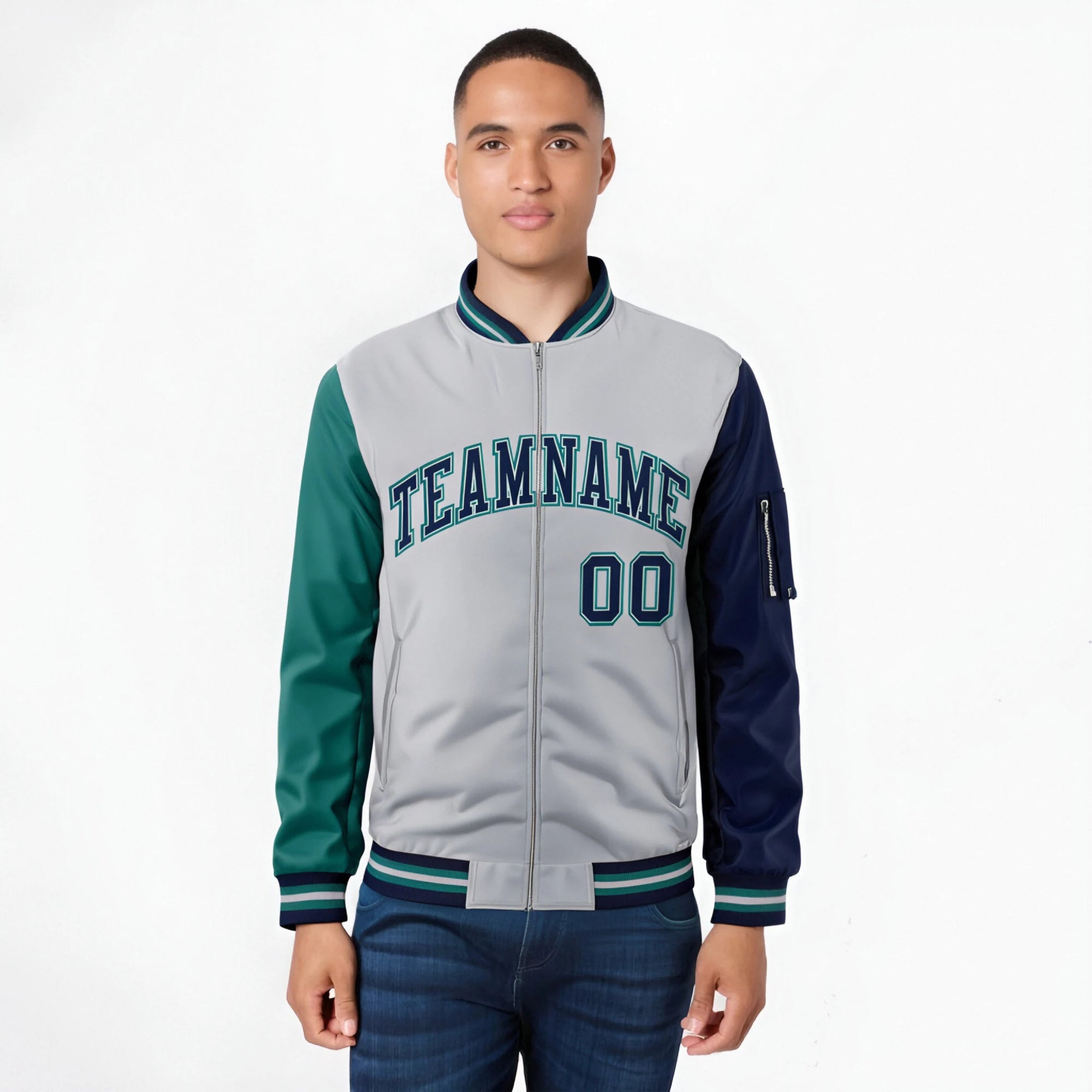 Custom White Navy-Aqua Varsity Full-Zip Raglan Sleeves Letterman Bomber Jacket