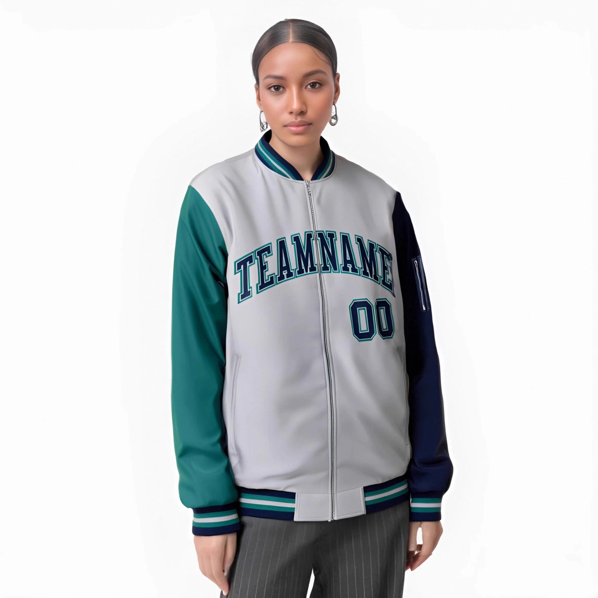 Custom White Navy-Aqua Varsity Full-Zip Raglan Sleeves Letterman Bomber Jacket