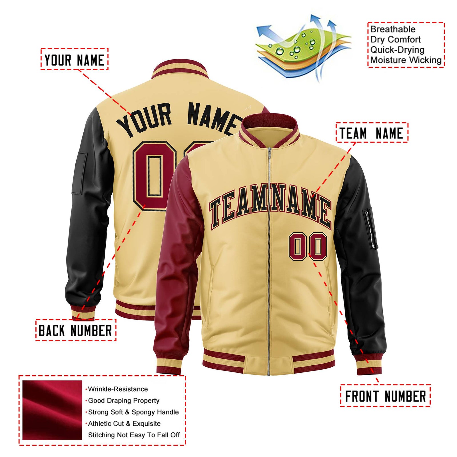 Custom Khaki Black-Crimson Varsity Full-Zip Raglan Sleeves Letterman Bomber Jacket