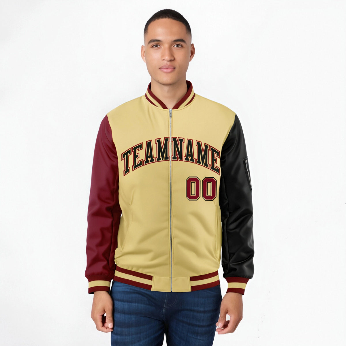 Custom Khaki Black-Crimson Varsity Full-Zip Raglan Sleeves Letterman Bomber Jacket