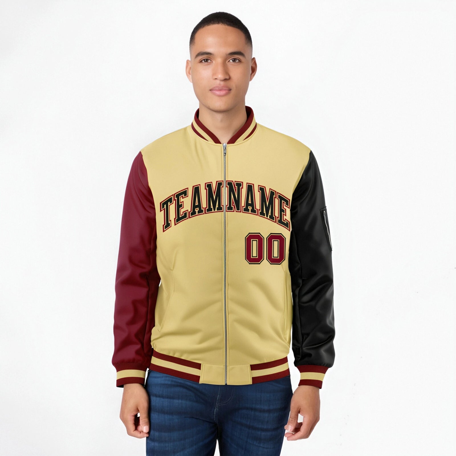 Custom Khaki Black-Crimson Varsity Full-Zip Raglan Sleeves Letterman Bomber Jacket