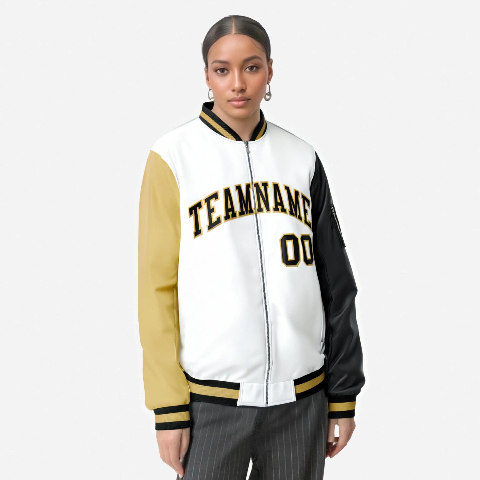 Custom White Black-Khaki Varsity Full-Zip Raglan Sleeves Letterman Bomber Jacket