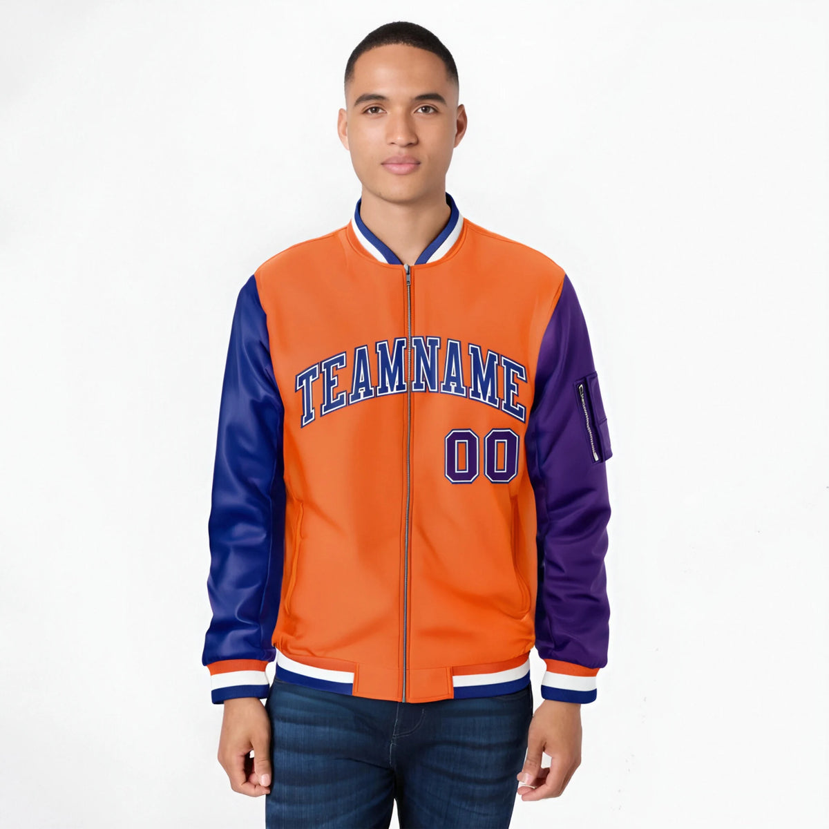 Custom Orange Purple-Royal Blue Varsity Full-Zip Raglan Sleeves Letterman Bomber Jacket