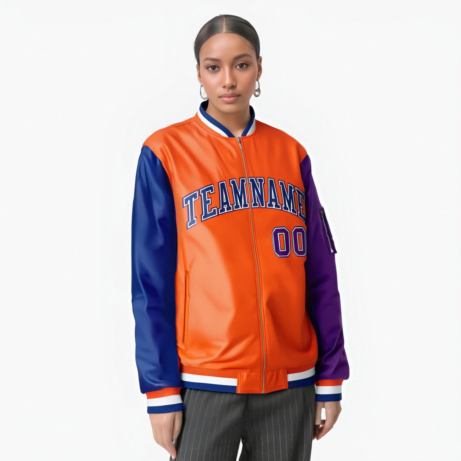 Custom Orange Purple-Royal Blue Varsity Full-Zip Raglan Sleeves Letterman Bomber Jacket