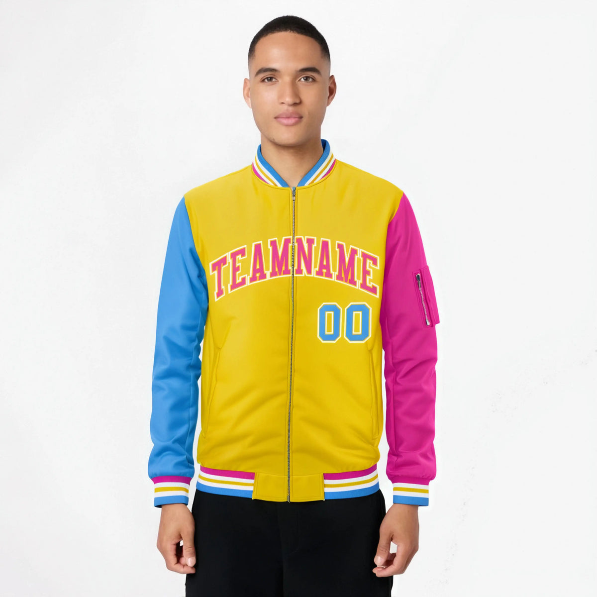 Custom Gold Pink-Powder Blue Varsity Full-Zip Raglan Sleeves Letterman Bomber Jacket