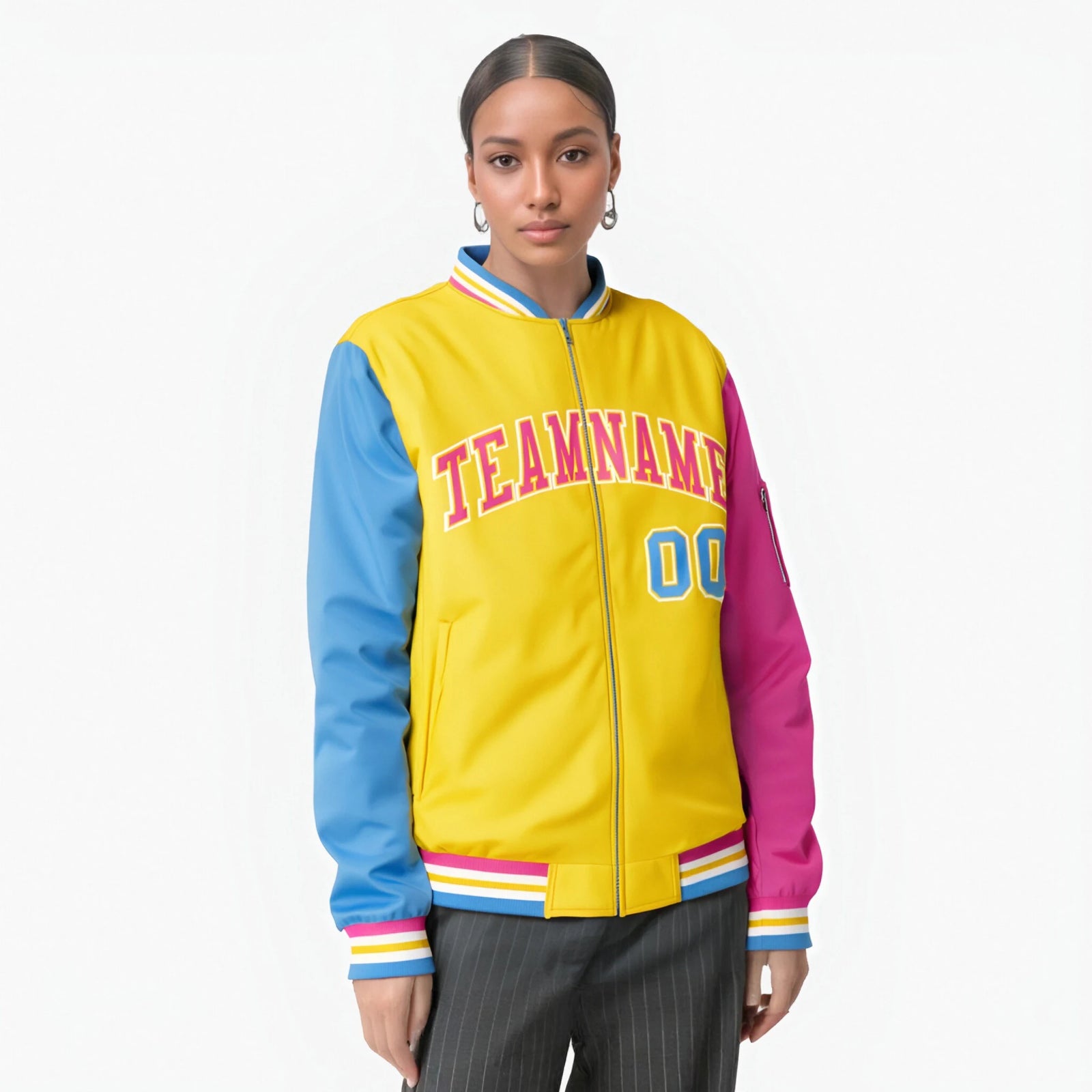 Custom Gold Pink-Powder Blue Varsity Full-Zip Raglan Sleeves Letterman Bomber Jacket