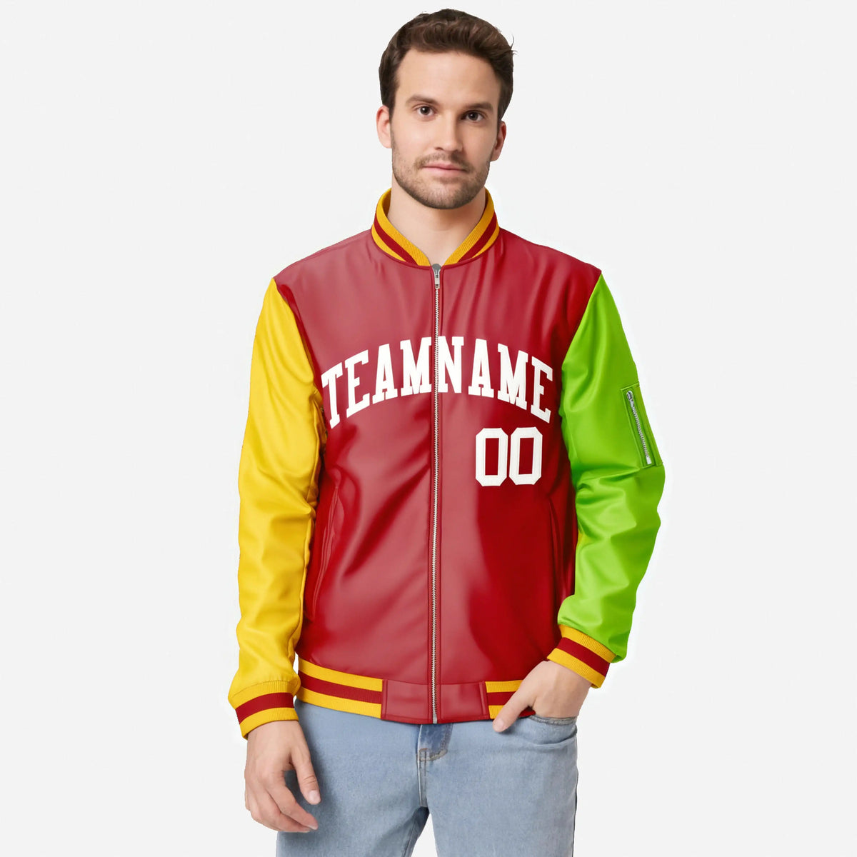 Custom Red Neon Green-Gold Varsity Full-Zip Raglan Sleeves Letterman Bomber Jacket