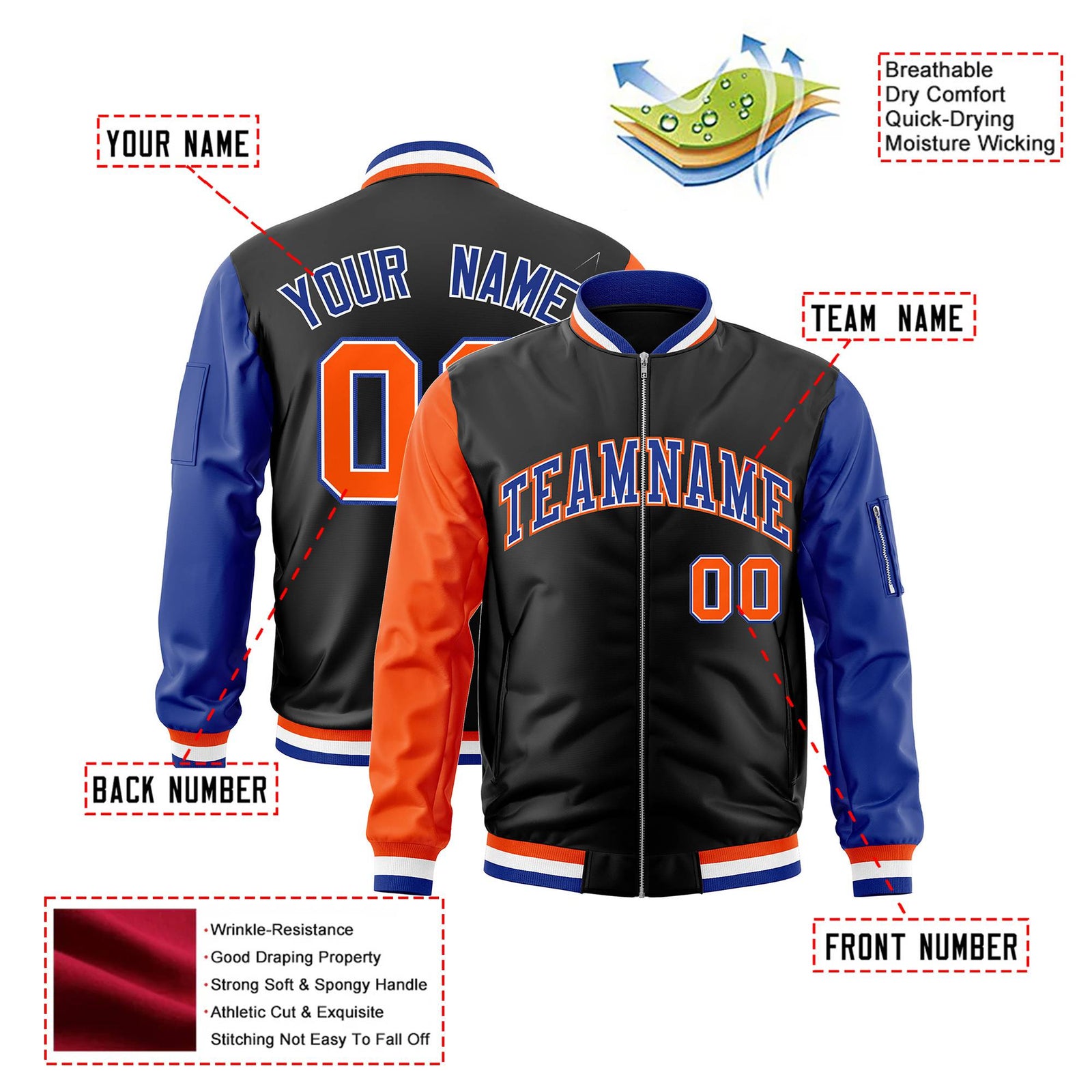 Custom Black Royal Blue-Orange Varsity Full-Zip Raglan Sleeves Letterman Bomber Jacket