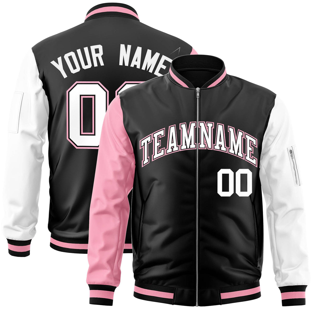 Custom Black White-Light Pink Varsity Full-Zip Raglan Sleeves Letterman Bomber Jacket