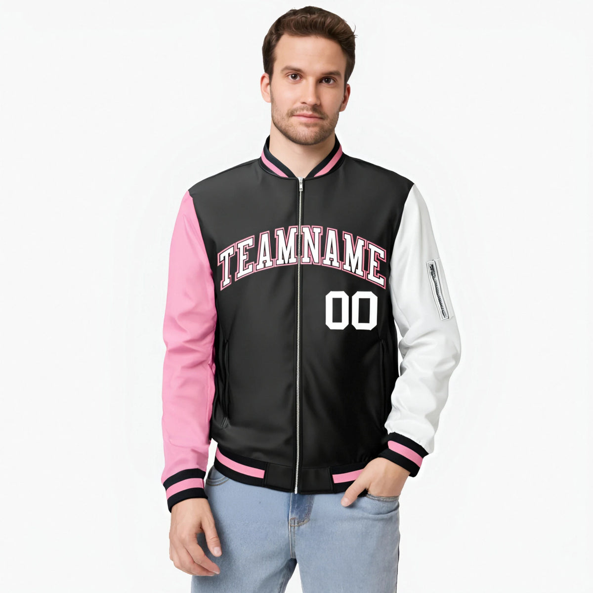 Custom Black White-Light Pink Varsity Full-Zip Raglan Sleeves Letterman Bomber Jacket