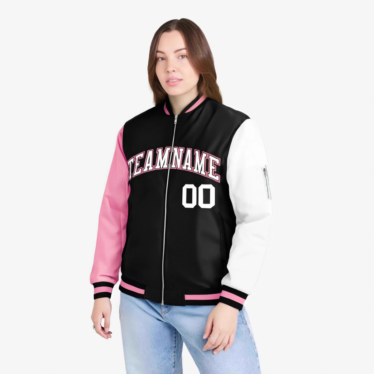 Custom Black White-Light Pink Varsity Full-Zip Raglan Sleeves Letterman Bomber Jacket