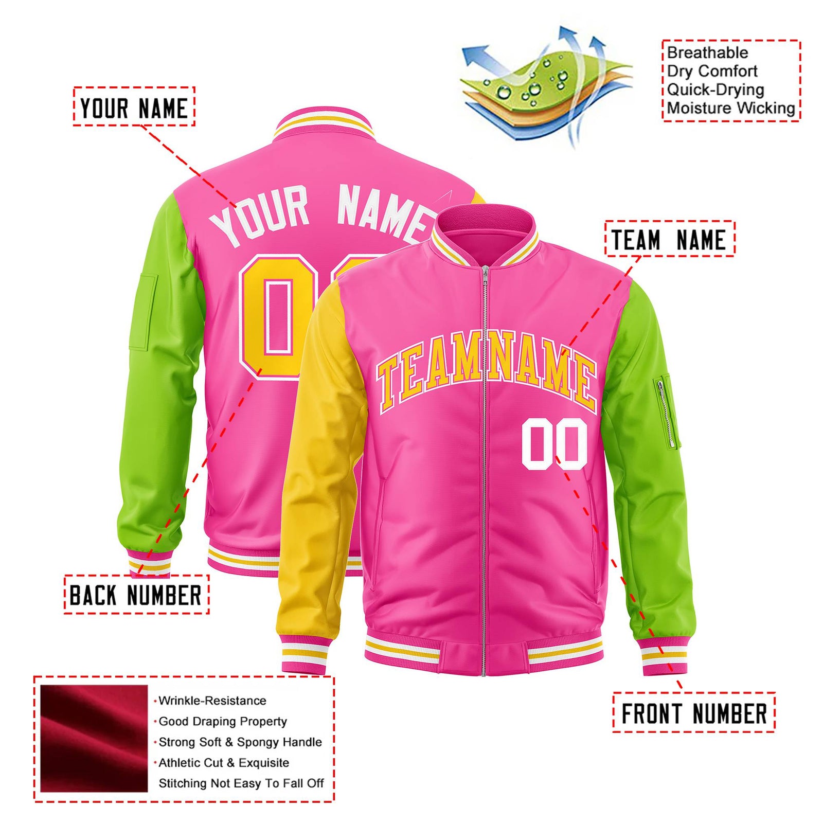 Custom Pink Neon Green-Gold Varsity Full-Zip Raglan Sleeves Letterman Bomber Jacket