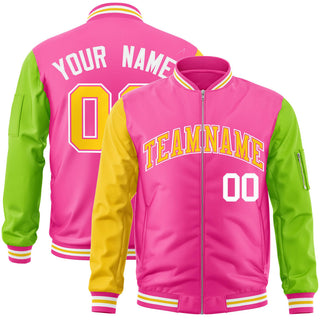 Custom Pink Neon Green Gold Varsity Full Zip Raglan Sleeves Letterman Bomber Jacket - Style 1